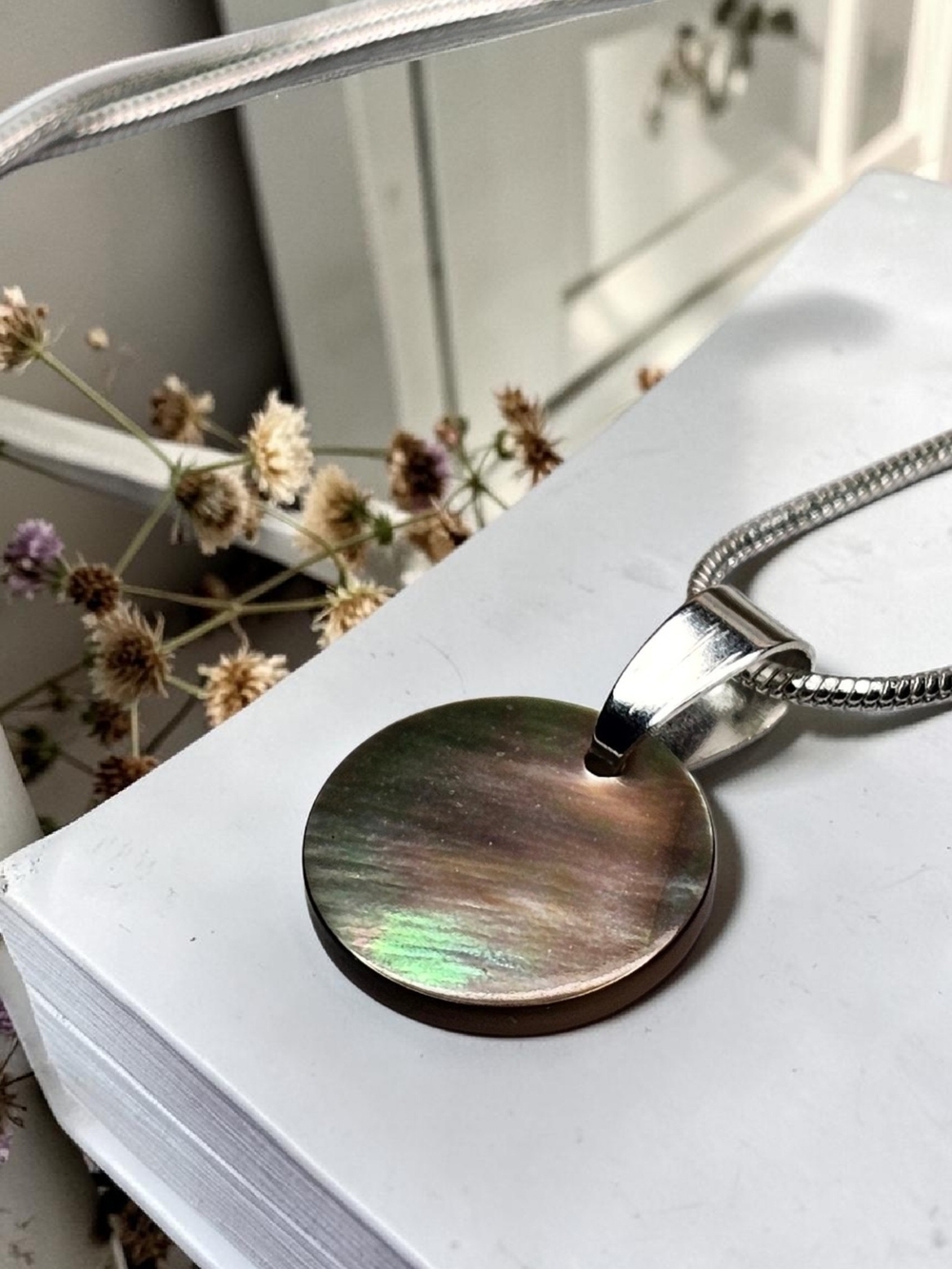 Silver Necklace with Iridescent Black Mother-of-Pearl Round Pendant